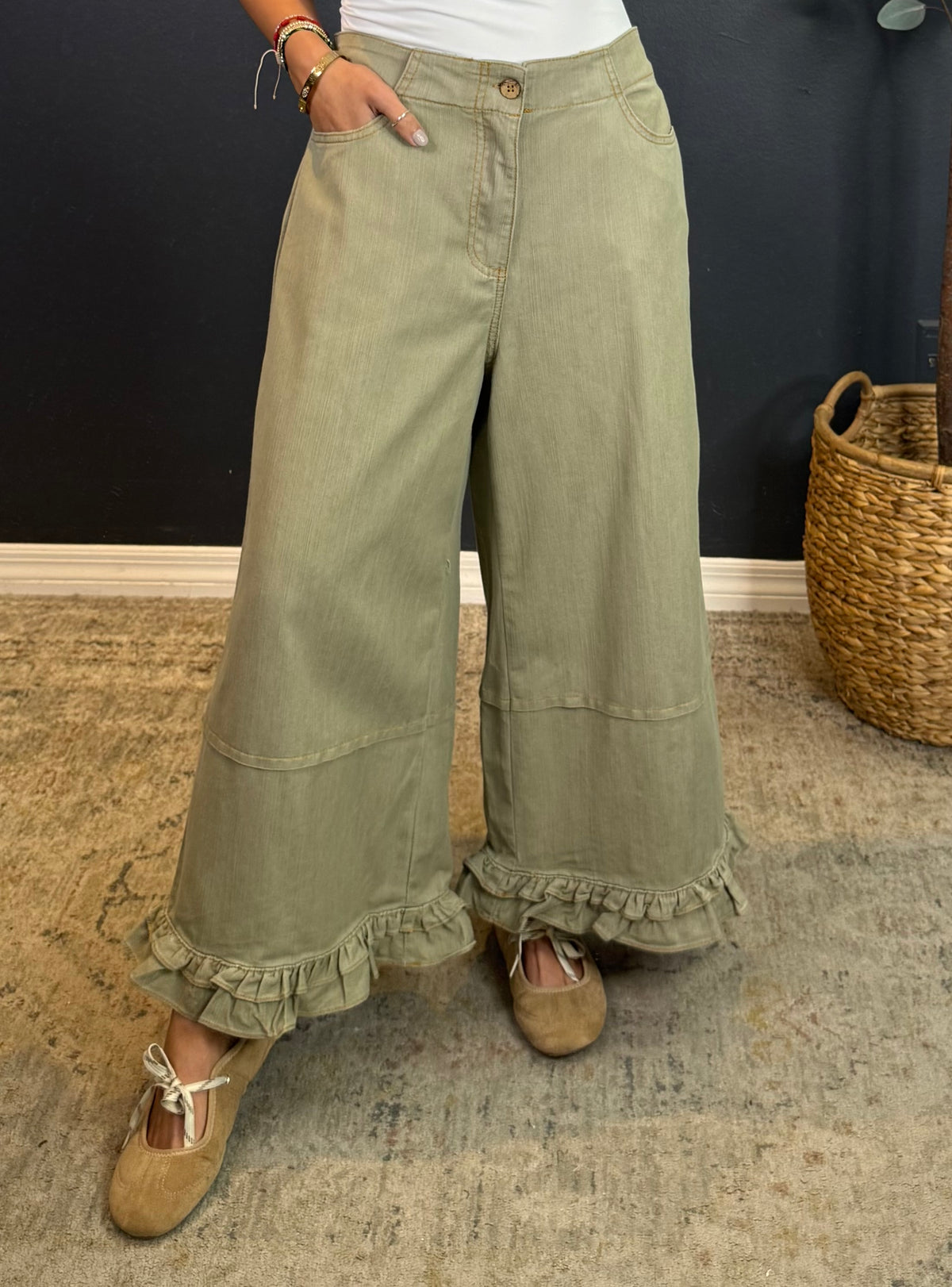 MARCIE (LIGHT OLIVE) RUFFLE HEM CROPPED PANTS