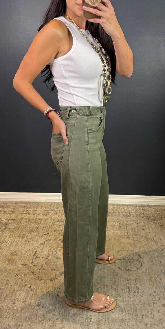 BERTIE CROPPED OLIVE JEANS WITH ADJUSTABLE WAISTBAND