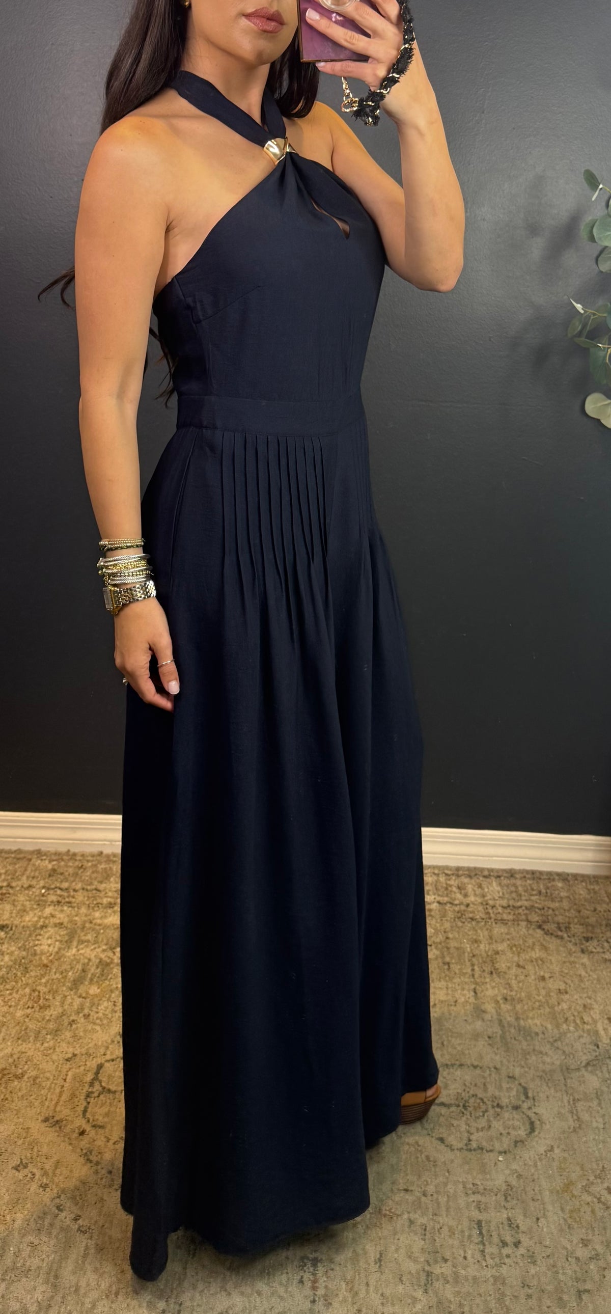 SARA -  NAVY HALTER JUMPSUIT W/GOLD DETAIL
