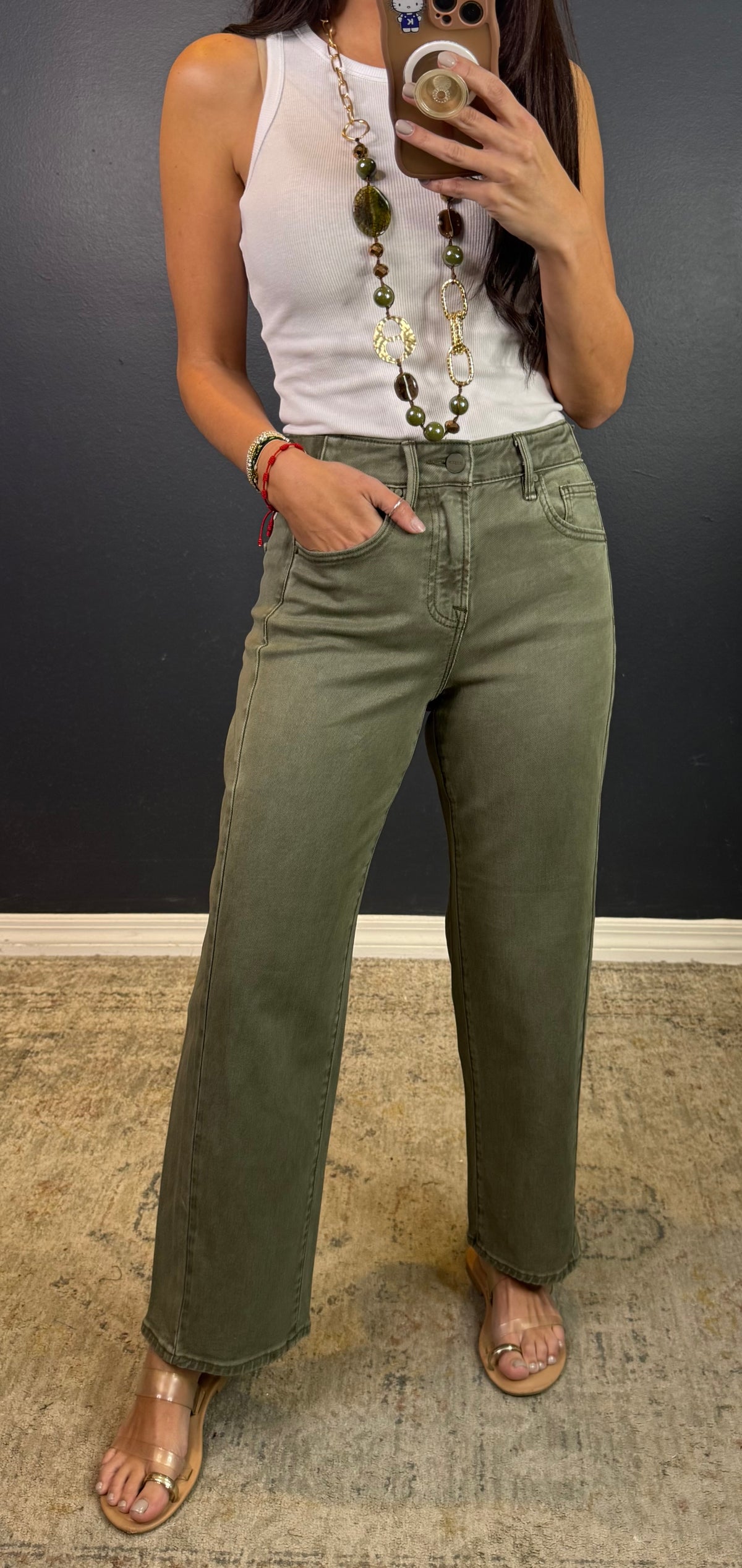 BERTIE CROPPED OLIVE JEANS WITH ADJUSTABLE WAISTBAND