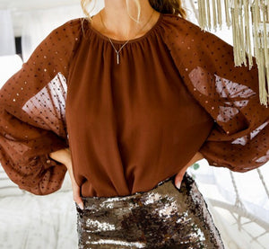 SOPHIA BROWN SEQUIN SLEEVE TOP