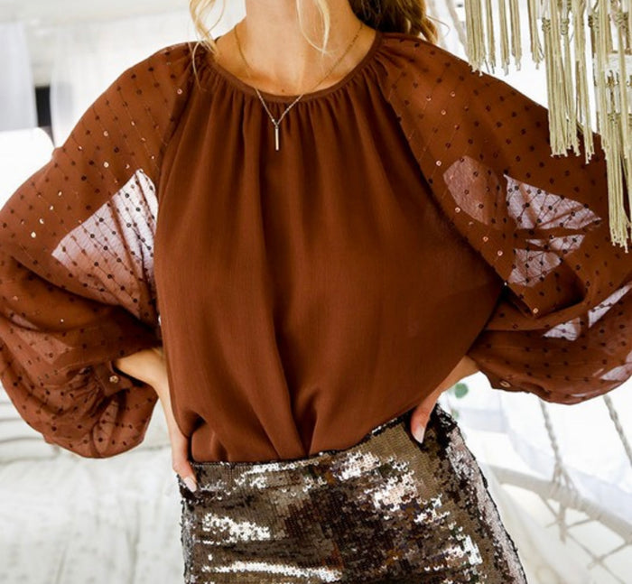 SOPHIA BROWN SEQUIN SLEEVE TOP