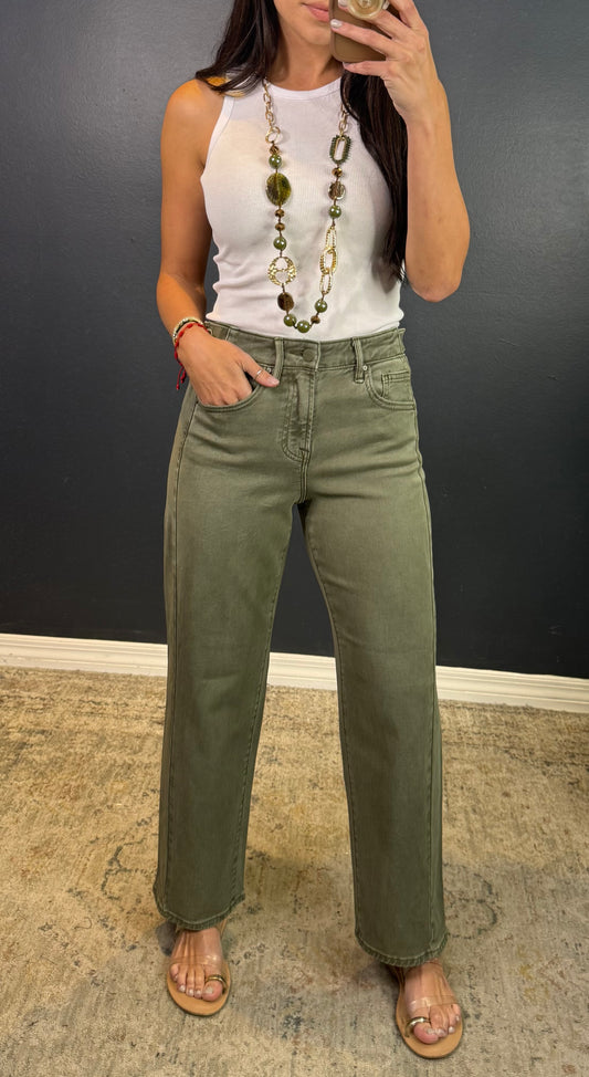 BERTIE CROPPED OLIVE JEANS WITH ADJUSTABLE WAISTBAND