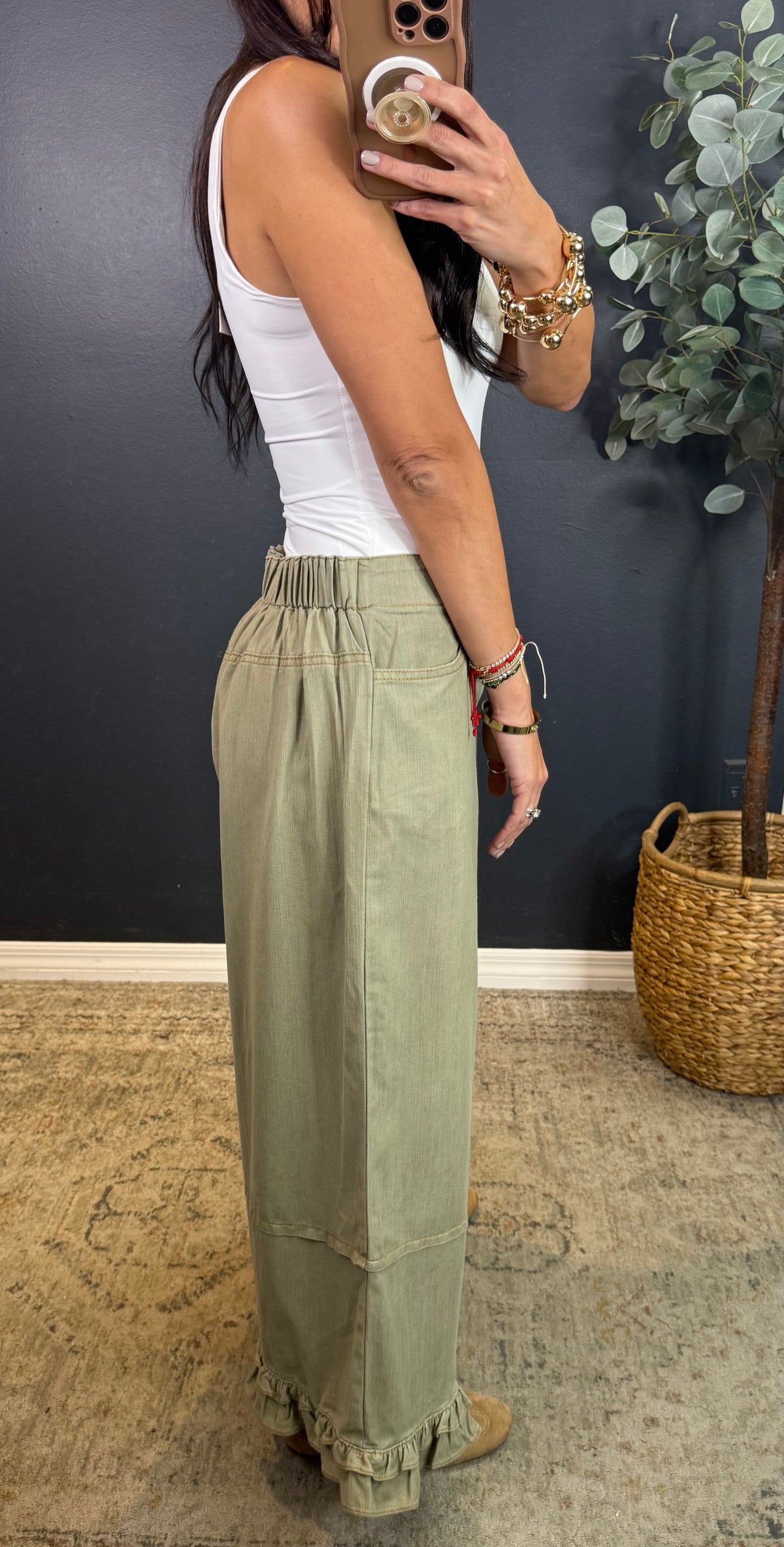 MARCIE (LIGHT OLIVE) RUFFLE HEM CROPPED PANTS