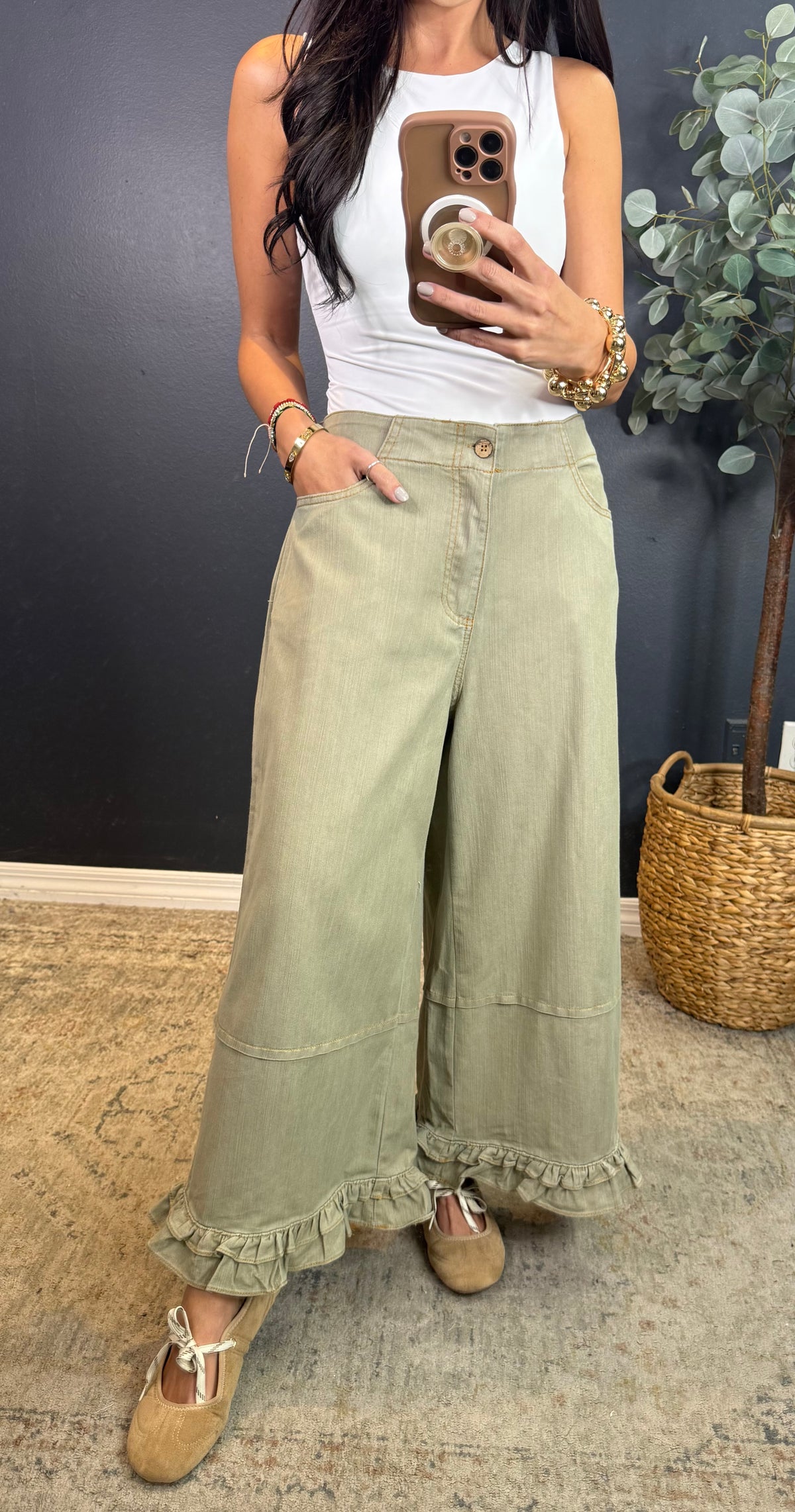 MARCIE (LIGHT OLIVE) RUFFLE HEM CROPPED PANTS