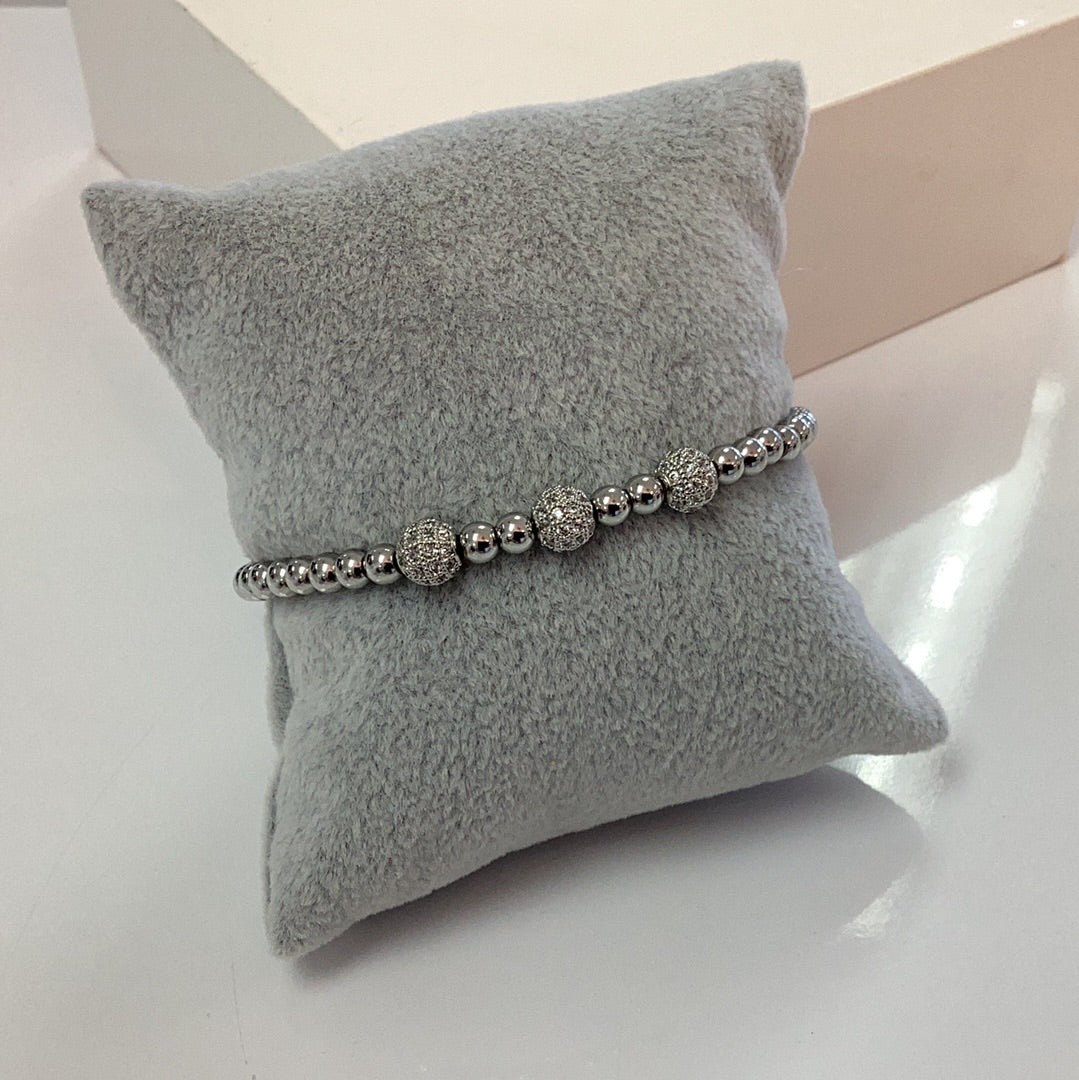 KATE - Beaded CZ Ball SS Stretch Bracelet