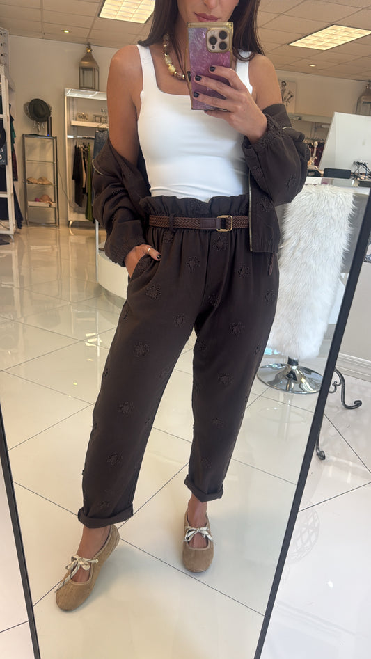 SELAH BROWN EYELET PANTS WITH BELT