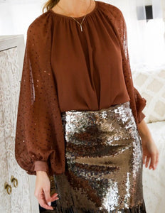 SOPHIA BROWN SEQUIN SLEEVE TOP