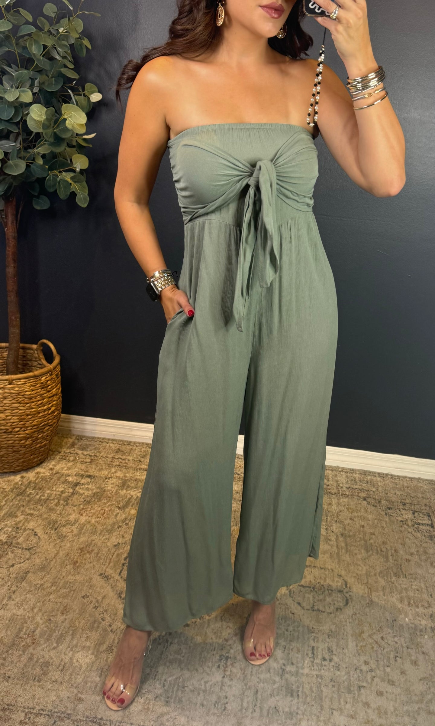 EZRA SAGE TIE FRONT JUMPSUIT