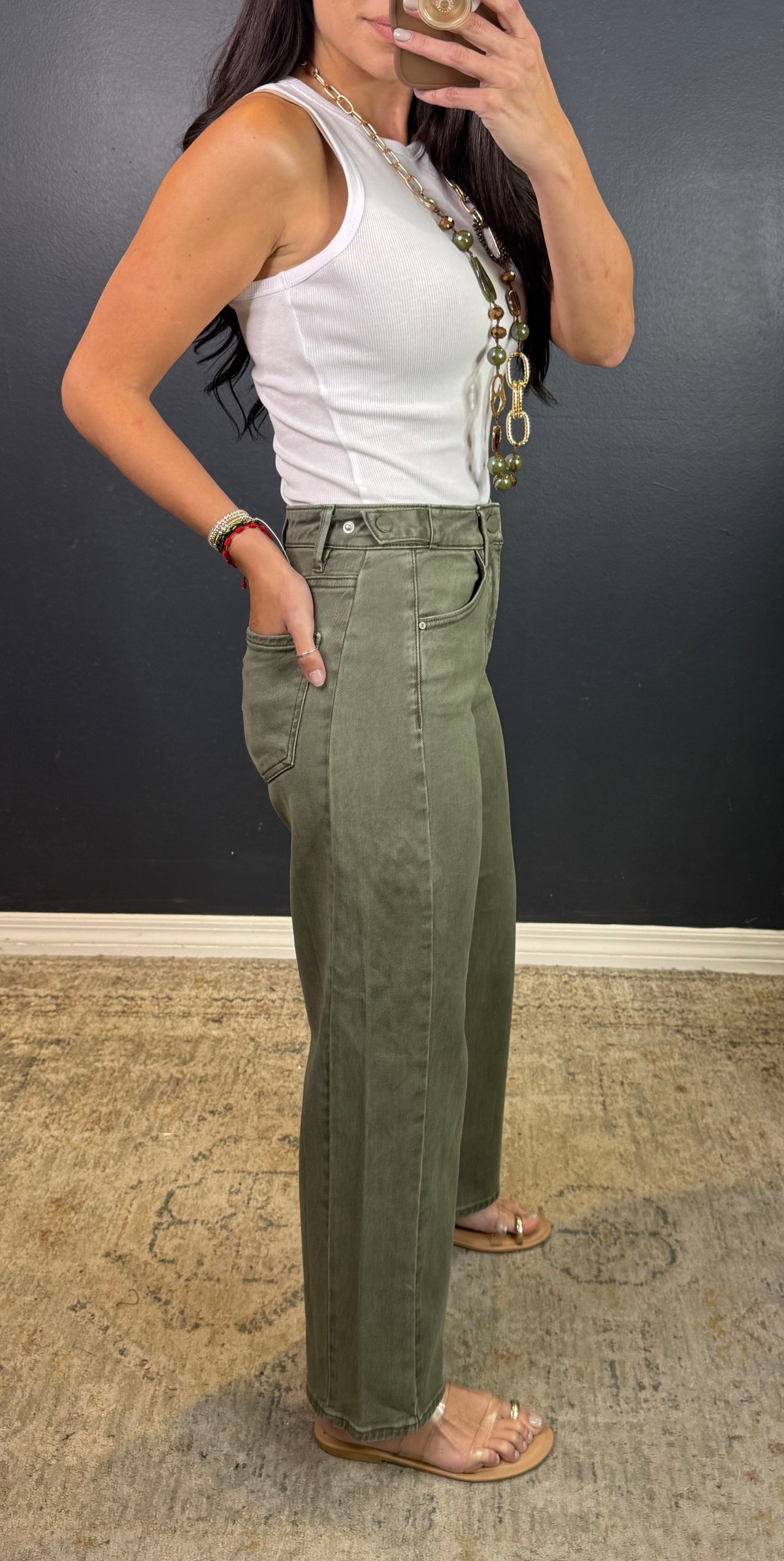 BERTIE CROPPED OLIVE JEANS WITH ADJUSTABLE WAISTBAND
