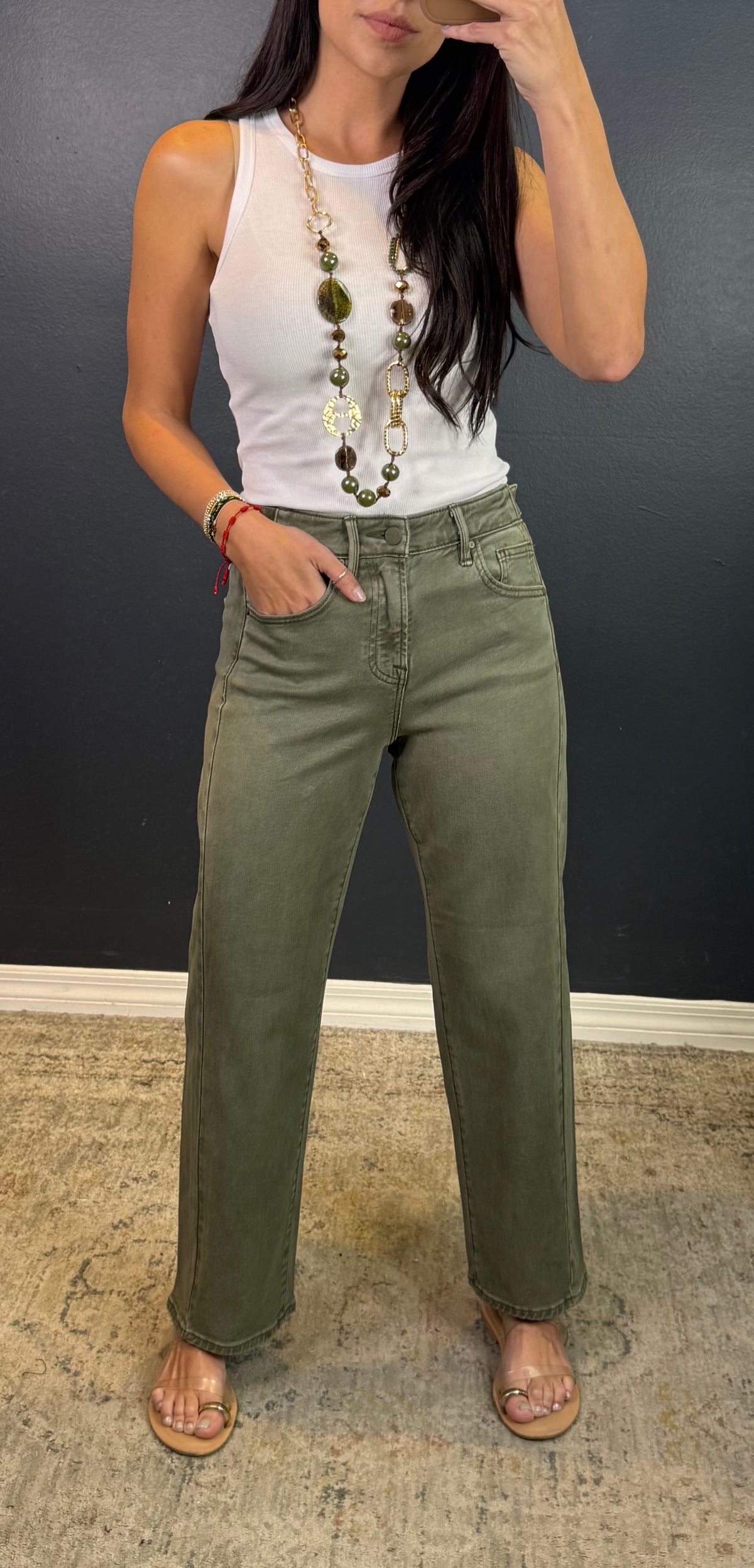BERTIE CROPPED OLIVE JEANS WITH ADJUSTABLE WAISTBAND