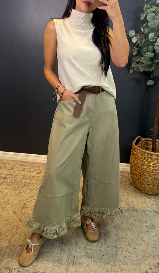 MARCIE (LIGHT OLIVE) RUFFLE HEM CROPPED PANTS