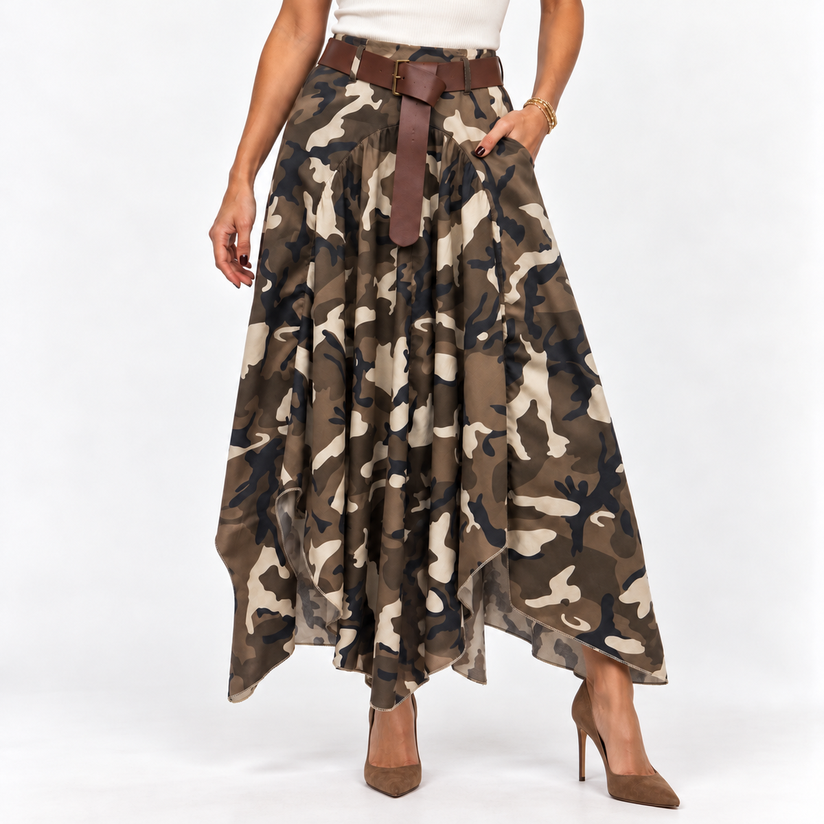 CAROLINE CAMO UNEVEN HEM SKIRT WITH BELT